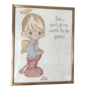 Vintage Precious Moments Style Hand Made Cross Stitch Angel Framed Art 1997